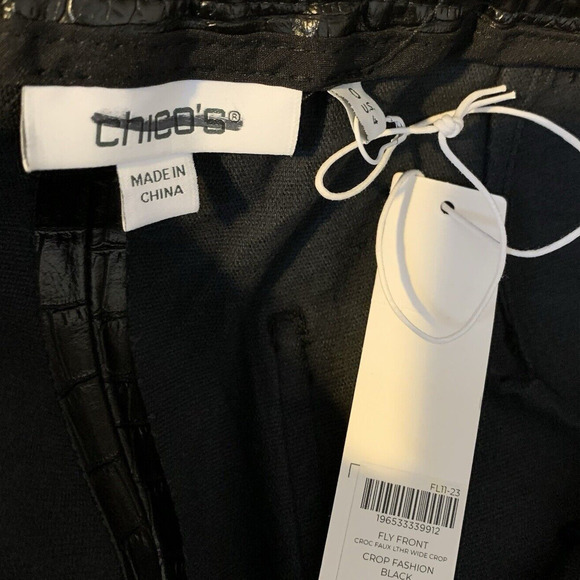 Chico's Pants NWT Size 0 (4) Faux Crocodile Leather Wide-Leg Crop Black Coquette - Picture 6 of 10